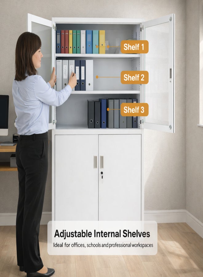 Harmony Home خزانة تخزين معدنية من هارموني هوم ببابين زجاجيين و 4 أبواب مع قفل ورفوف قابلة للتعديل - منظم معدني أبيض للمكتب، المنزل، المدرسة، الصالة الرياضية، الصالون، العيادة ودار الرعاية - أبيض - Image 3